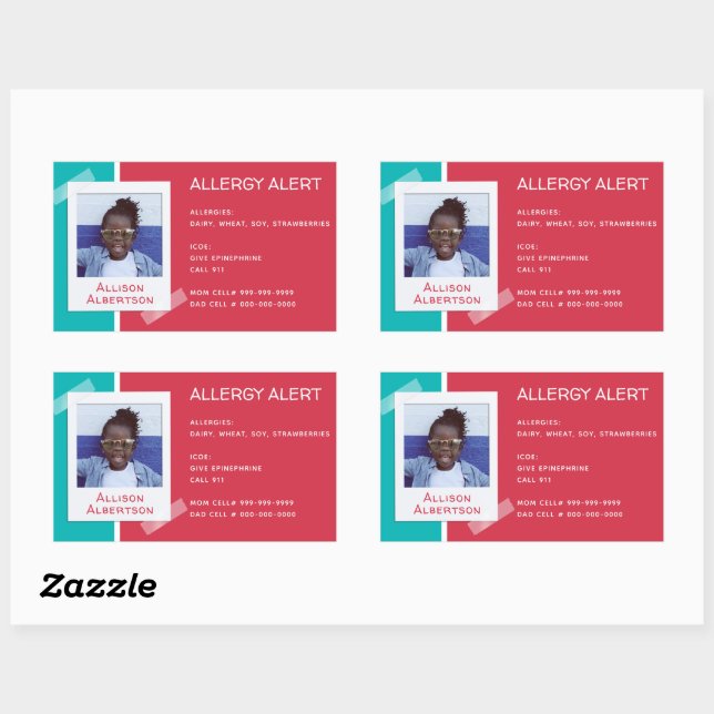 Pegatina Rectangular Niños alerta alérgica Foto Atención de emergencia  (Hoja)