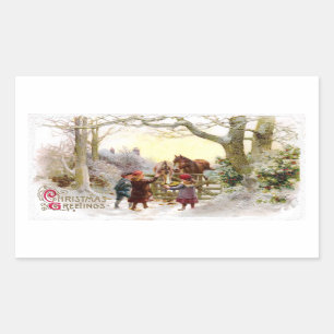 Pegatina Rectangular Niños alimentando a caballos Navidades de edad