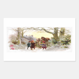 Pegatina Rectangular Niños alimentando a caballos Navidades de edad