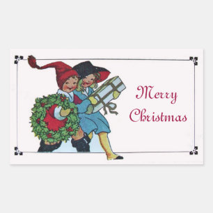 PEGATINA RECTANGULAR NIÑOS CON REGALOS DE NAVIDAD