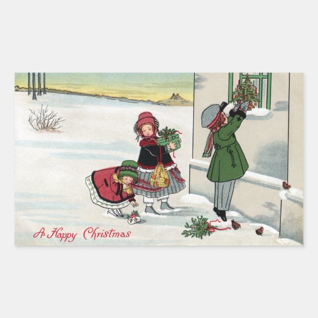 Pegatina Rectangular Niños entregando regalos a Navidades (Anverso)