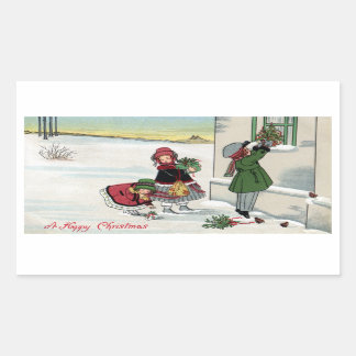 Pegatina Rectangular Niños entregando regalos a Navidades