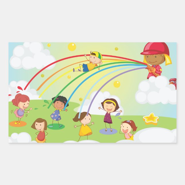 Pegatina Rectangular Niños jugando bajo la lluvia de un bombero con arc (Anverso)