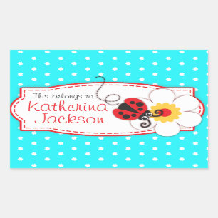 Pegatina Rectangular niños ladybug book plate id nombre aqua blue pegat