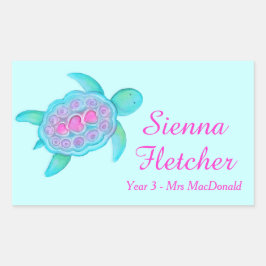 Pegatina Rectangular Niños llamados ID tortugas corazones rosados pegat