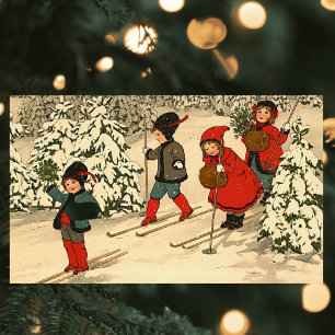 Pegatina Rectangular Niños vintage patinando a través de un bosque neva