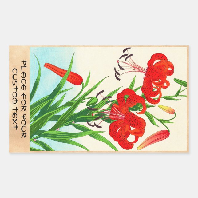 Pegatina Rectangular Nishimura Hodo Tiger Lilies shin hanga flores (Anverso)