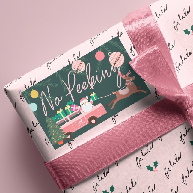 Pegatina Rectangular No a los Navidades rosados Van Santa y los renos (No Peeking Pink Christmas Van Santa & Reindeer Rectangular Sticker)