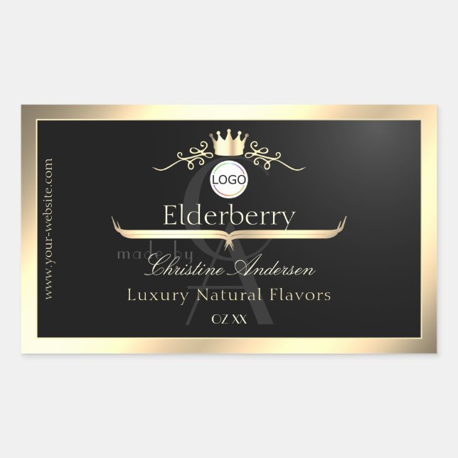 Pegatina Rectangular Noble Black Product Label Gold Frame Logo Monogram (Anverso)