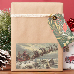Pegatina Rectangular Nochebuena vintage victoriana trineo de Santa Clau