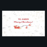 Pegatina Rectangular Noches de nombres personalizados de unionornio mod<br><div class="desc">Pequeños, jovencitos y también elegantes Navidades de nombre personalizado pegatina para niños con un ilustracion de un mágico caballo de unicornio glam con una manga y cola roja y dorada que jalan el trineo de Santa (lleno de regalos), el saludo "¡Feliz Navidad!" en escritura cursiva / caligrafía, y un nombre...</div>