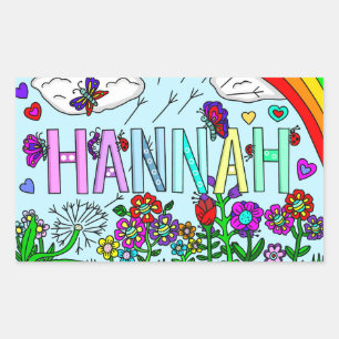 Pegatina Rectangular Nombre de mano caprichoso Hannah Flores, arcoiris