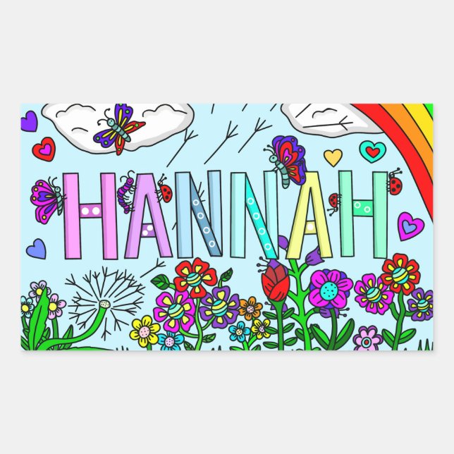 Pegatina Rectangular Nombre de mano caprichoso Hannah Flores, arcoiris (Anverso)