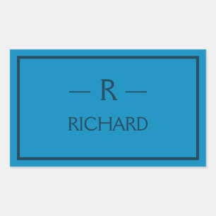 Pegatina Rectangular Nombre del monograma Azul Moderno Minimalista