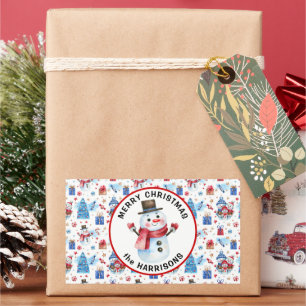 Pegatina Rectangular Nombre, Feliz Navidad, Patrón Retro Snowman