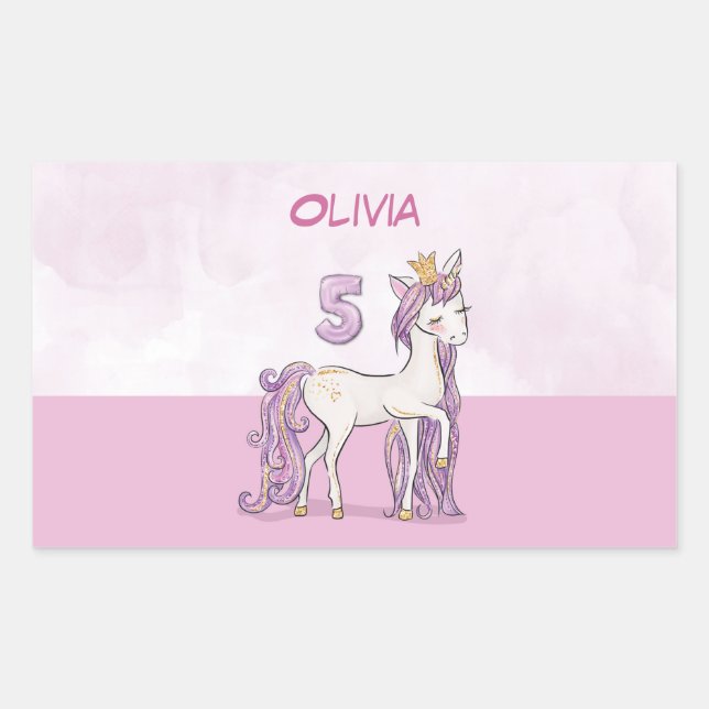 Pegatina Rectangular Nombre personalizado 5º cumpleaños Caballo rosa co (Anverso)