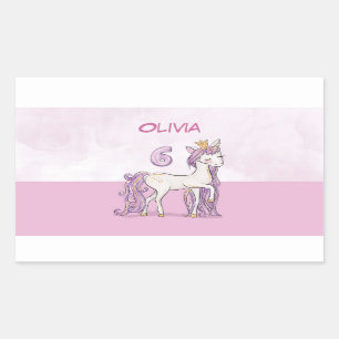 Pegatina Rectangular Nombre personalizado 6º cumpleaños caballo rosa co