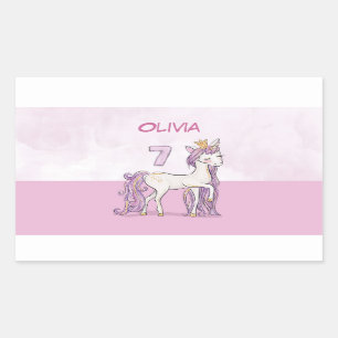 Pegatina Rectangular Nombre personalizado 7cumpleaños Caballo rosa con 