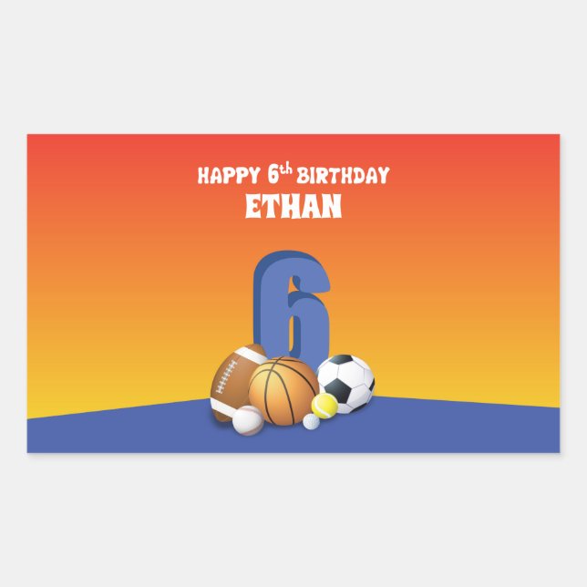 Pegatina Rectangular Nombre personalizado Boy 6ª bolas deportivas de cu (Anverso)
