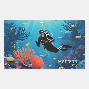 Pegatina Rectangular Nombre personalizado Buceador Scuba