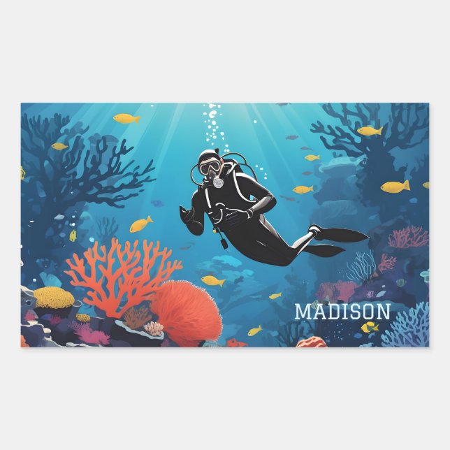 Pegatina Rectangular Nombre personalizado Buceador Scuba (Anverso)