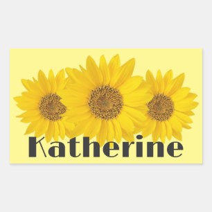 Pegatina Rectangular Nombre personalizado de girasoles amarillos