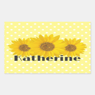 Pegatina Rectangular Nombre personalizado de puntos de polka amarillos 