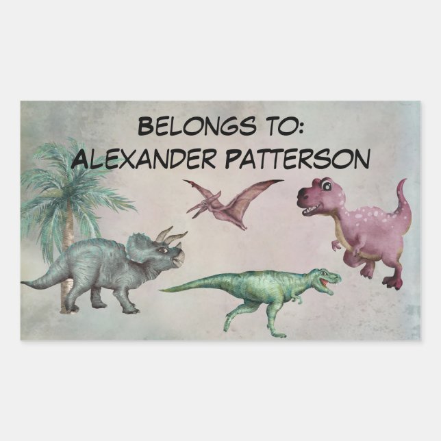 Pegatina Rectangular Nombre Personalizado Dino Dinosaurio Pegatinas Niñ (Anverso)