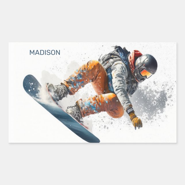 Pegatina Rectangular Nombre personalizado Ilustracion Snowboarder (Anverso)