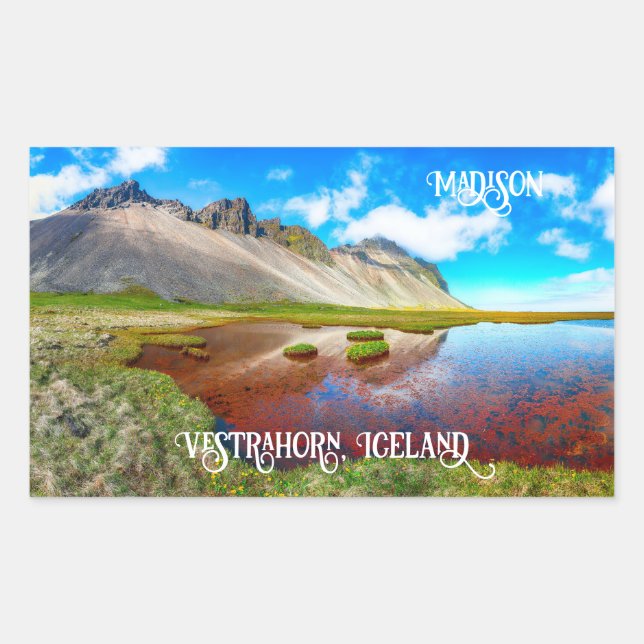 Pegatina Rectangular Nombre personalizado Montañas Vestrahorn, Islandia (Anverso)