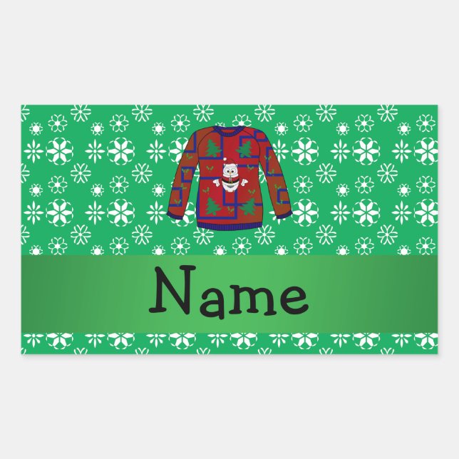 Pegatina Rectangular Nombre personalizado navidades feos suéter copo de (Anverso)