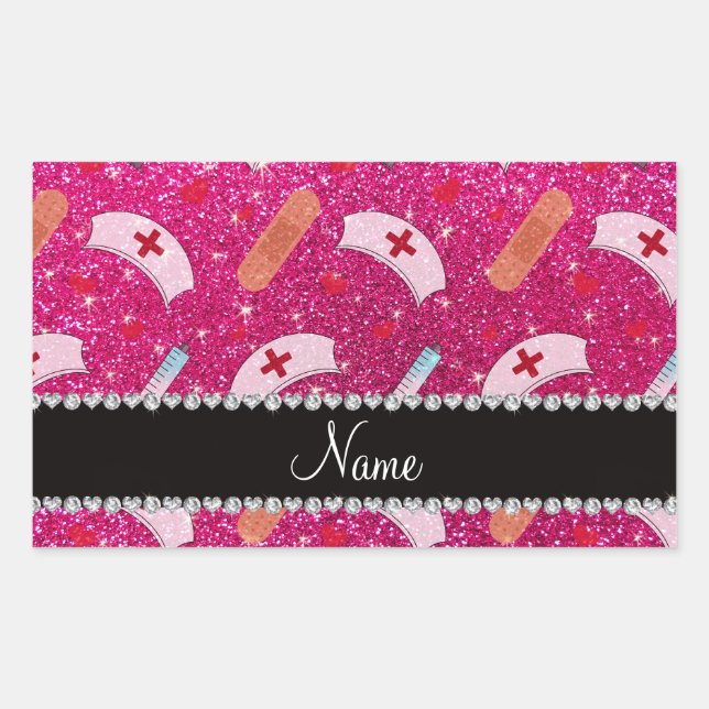 Pegatina Rectangular Nombre personalizado neón purpurina rosado calient (Anverso)