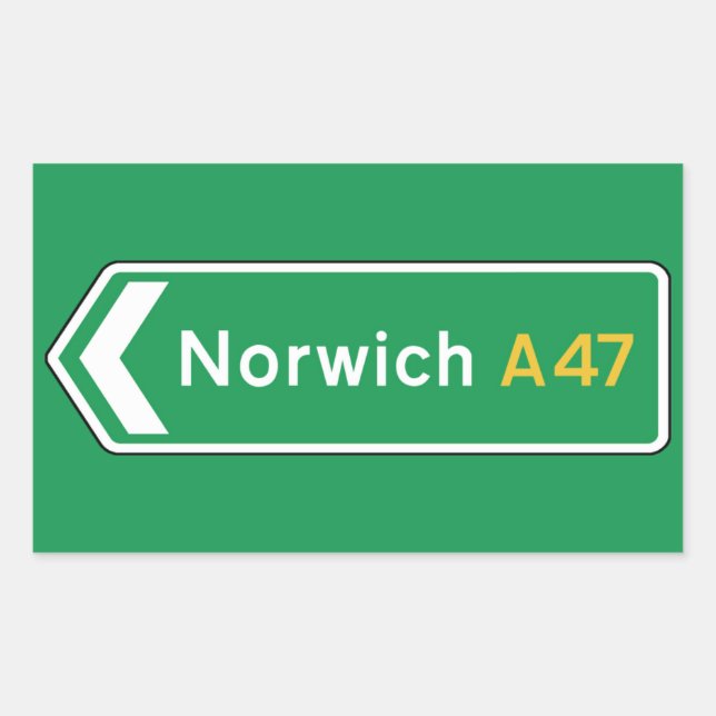 Pegatina Rectangular Norwich, Rótulo de carreteras del Reino Unido (Anverso)