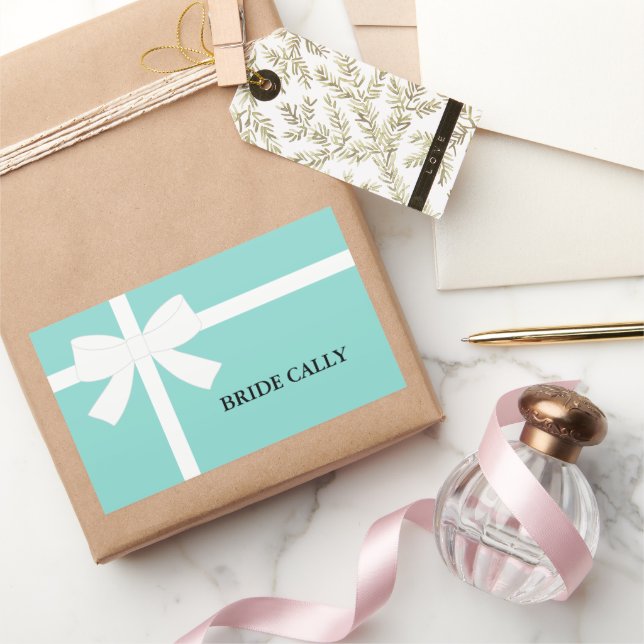 Pegatina Rectangular Novia Tiara Azul Teal Personalizada para Fiesta   (Regalar)