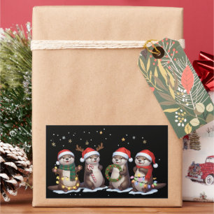 Pegatina Rectangular Nutrias Navideñas Adorables con Gorros de Santa An