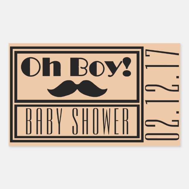 Pegatina Rectangular Oh Boy Black Mustache Baby Shower (Anverso)
