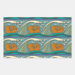 Pegatina Rectangular Olas del océano azul Nautilus Seashell Pattern Nou