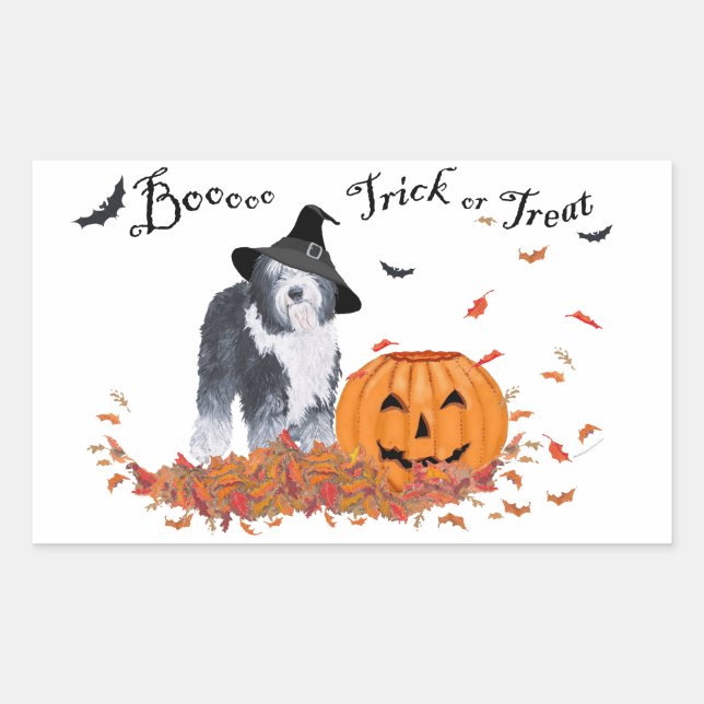 Pegatina Rectangular Old English Sheepdog Halloween (Anverso)
