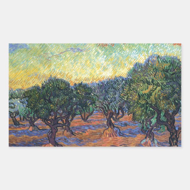 Pegatina Rectangular Olivar de Vincent Van Gogh Impresionismo Arte (Anverso)