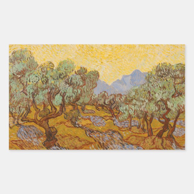 Pegatina Rectangular Olivos de Van Gogh Cielo Sol Amarillo (Anverso)