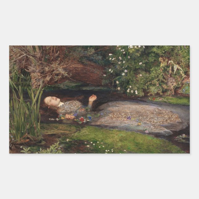 Pegatina Rectangular Ophelia por John Everett Millais (Anverso)