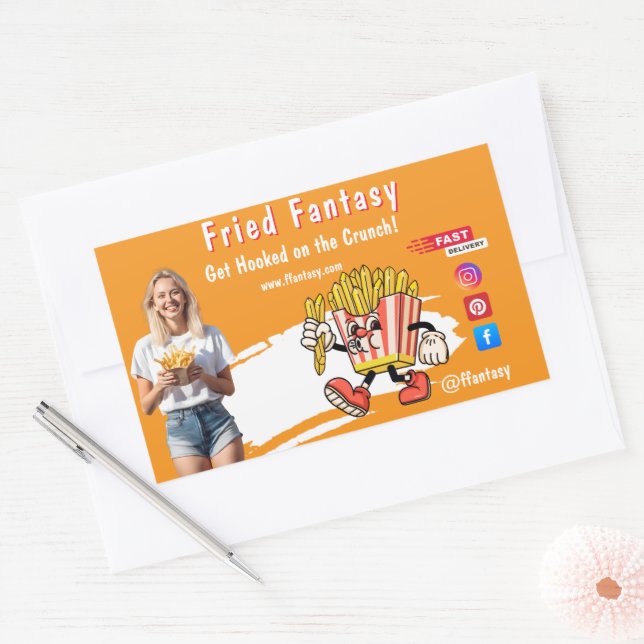 Pegatina Rectangular Orange Smiling Blonde Woman Fries Family Fun (Sobre)
