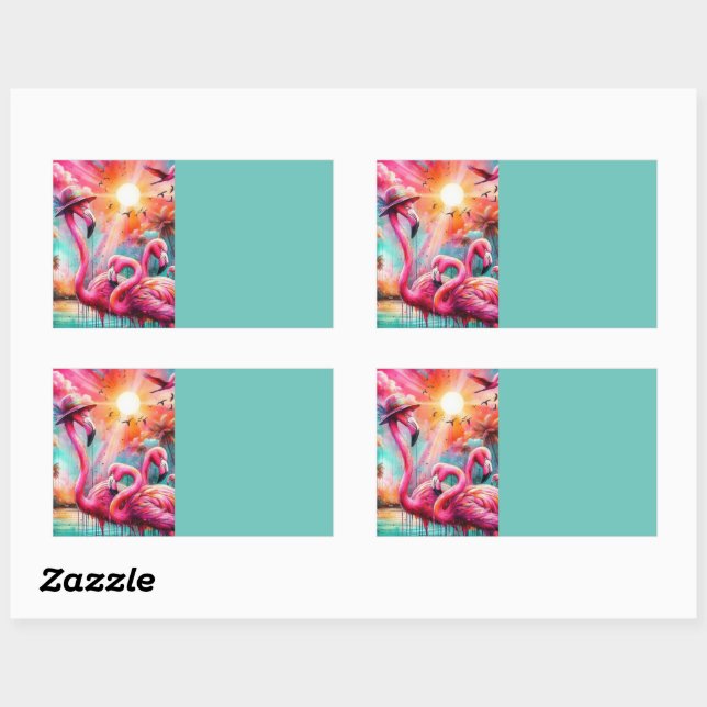 Pegatina Rectangular Organización de Palmeras de Flamingos Rosados Trop (Hoja)