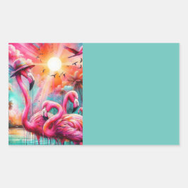 Pegatina Rectangular Organización de Palmeras de Flamingos Rosados Trop