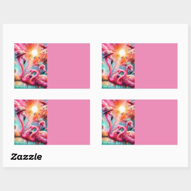 Pegatina Rectangular Organización de Palmeras de Flamingos Rosados Trop (Hoja)