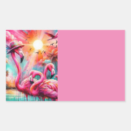 Pegatina Rectangular Organización de Palmeras de Flamingos Rosados Trop