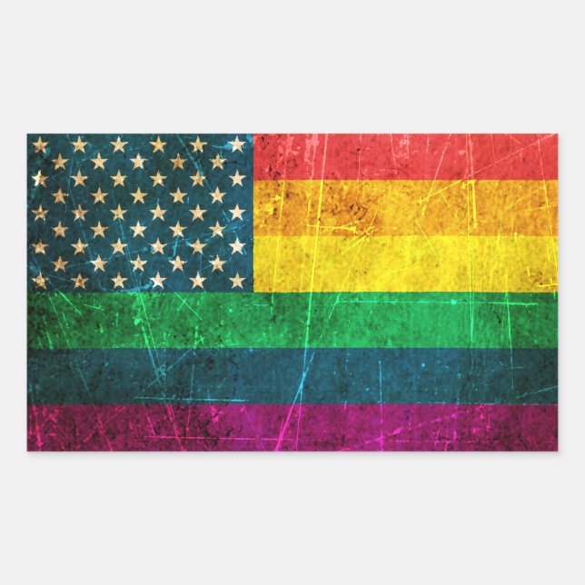 Pegatina Rectangular Orgullo gay vintage roto Bandera arcoiris estadoun (Anverso)
