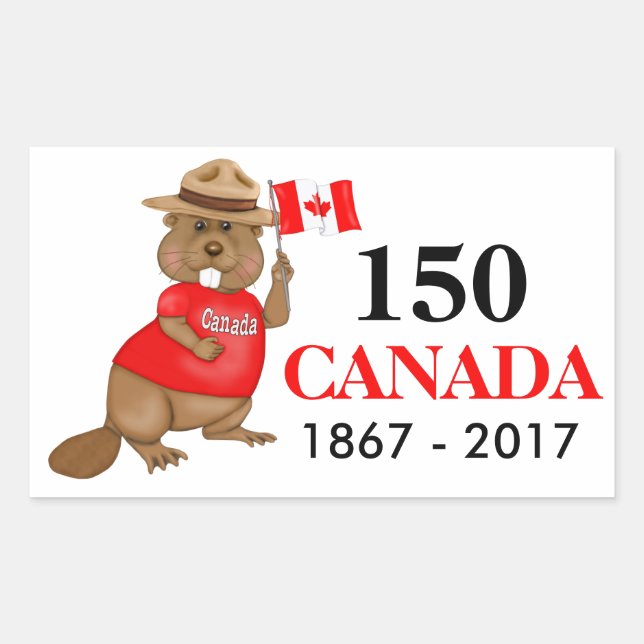 Pegatina Rectangular Orgulloso castor canadiense 150 años (Anverso)