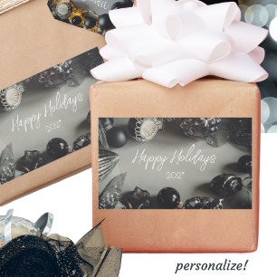 Pegatina Rectangular Ornamentos Vintage de Navidad Negra con cinta de o
