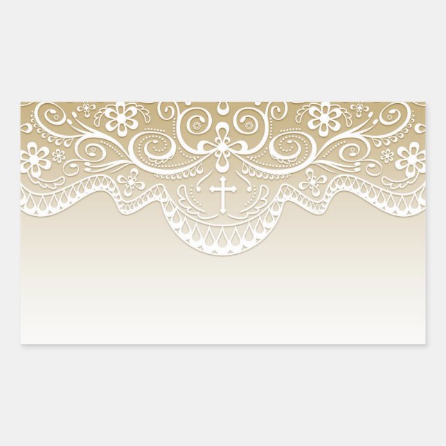 Pegatina Rectangular Oro con encaje, cruz, religioso (Anverso)